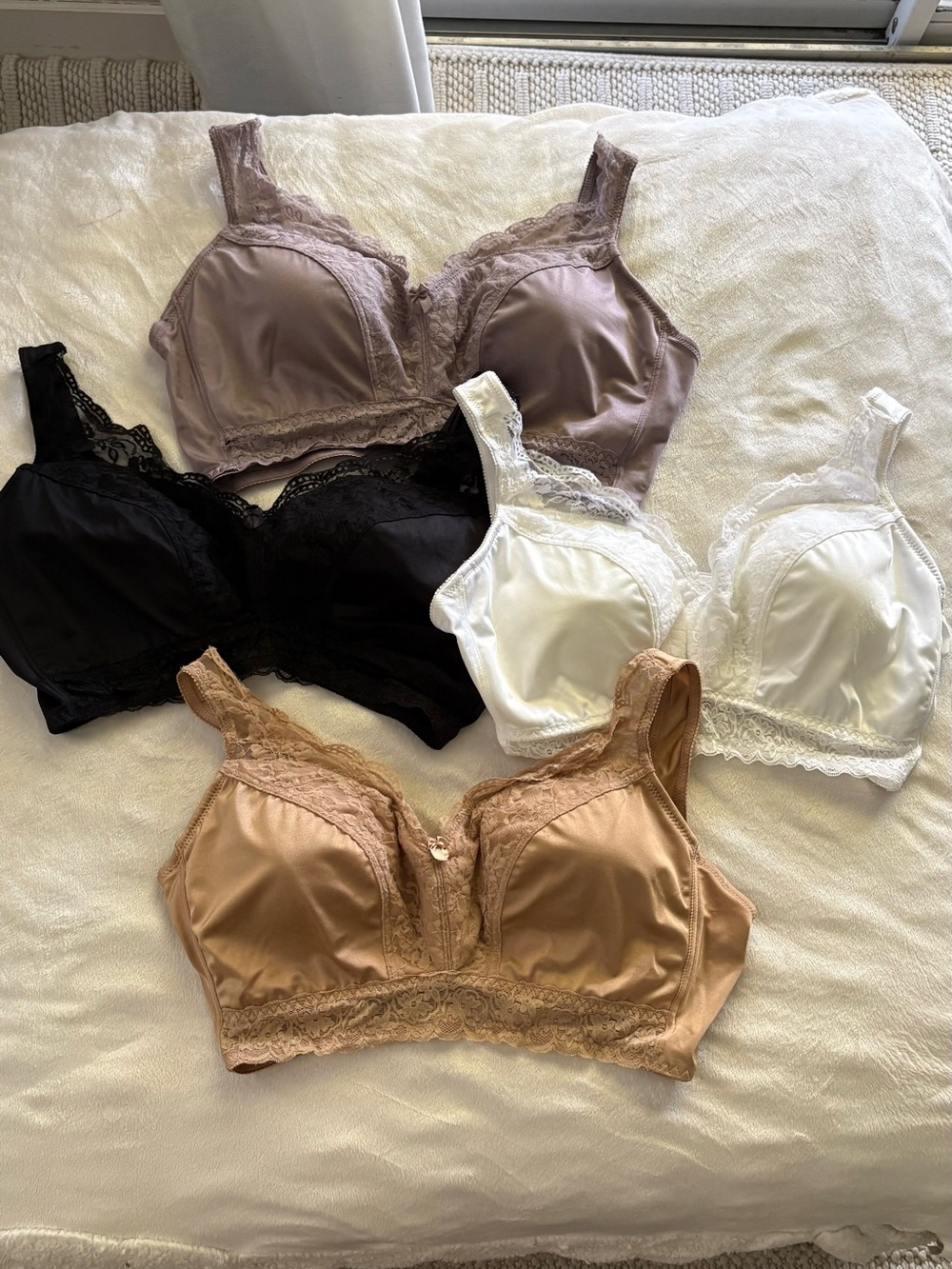 Rhonda Shear Lace-Trim Wireless Bra Set — Mauve, Black, White & Nude